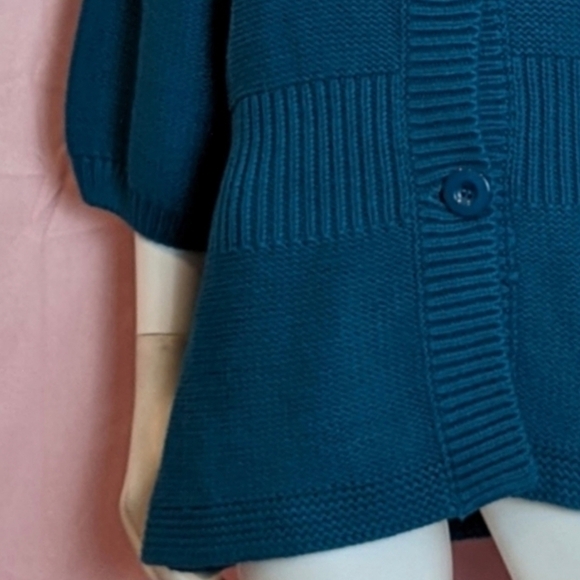 Teal Blue Knitted Volume Sleeve Cardigan Sweater with Collar size XL - Picture 3 of 6
